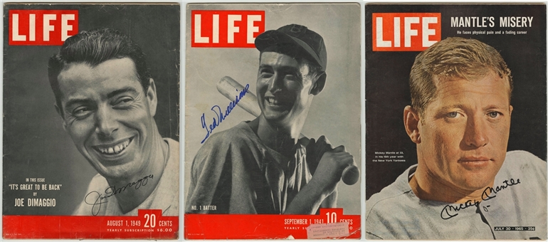 Lot of (3) Single Signed Life Magazines - Signed by Ted Williams, Mickey Mantle, and Joe DiMaggio (PSA/DNA)